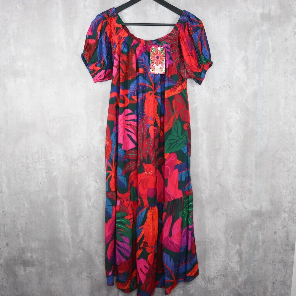 Farm Rio Cover Up Dress Womens Sz Medium Off The Shoulder Tropical Print Tiered